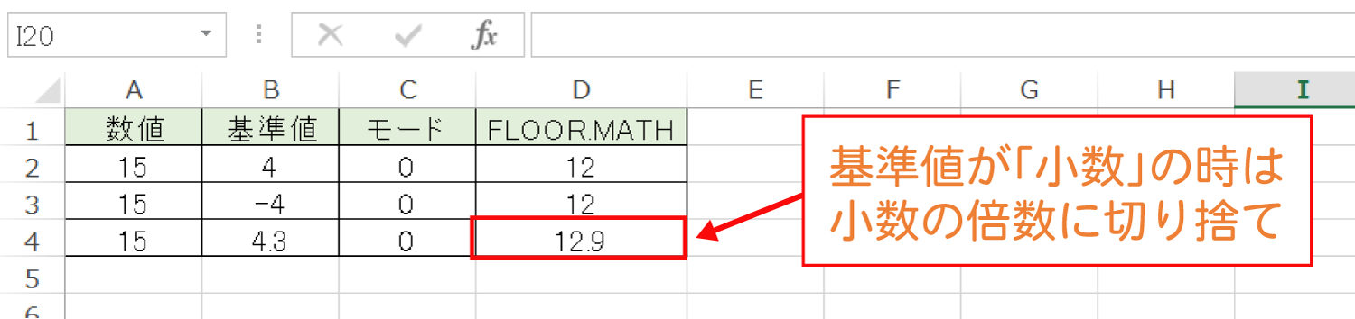 Excelで基準値の倍数に切り捨てるFLOOR.MATH関数の使い方5