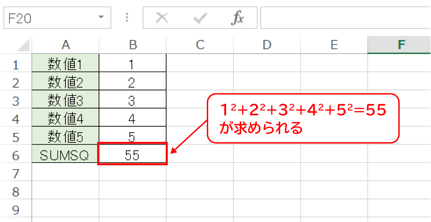 Excelで2乗してから合計を求めるSUMSQ関数の使い方2