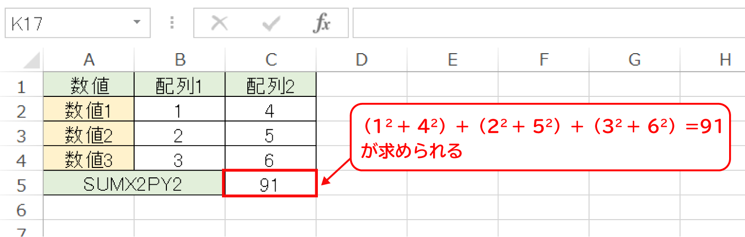 Excelで2つの配列の2乗の足し算を合計するSUMX2PY2関数の使い方3