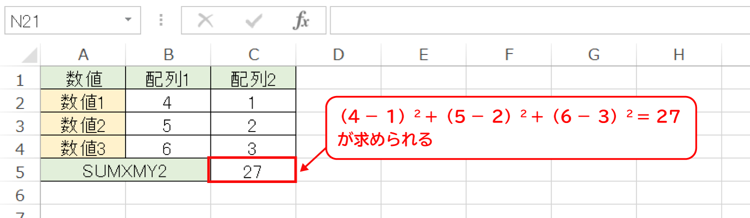 Excelで2つの配列の引き算を2乗して合計するSUMXMY2関数の使い方3