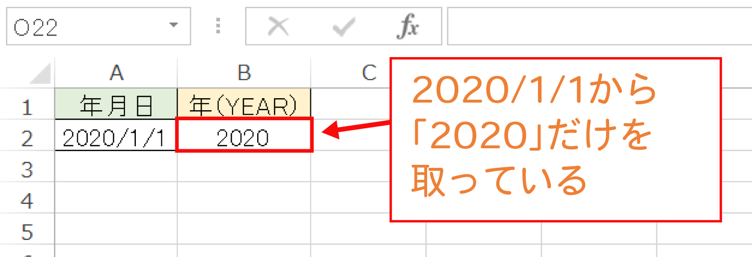 Excelで年月日から「年」だけを取るYEAR関数の使い方3