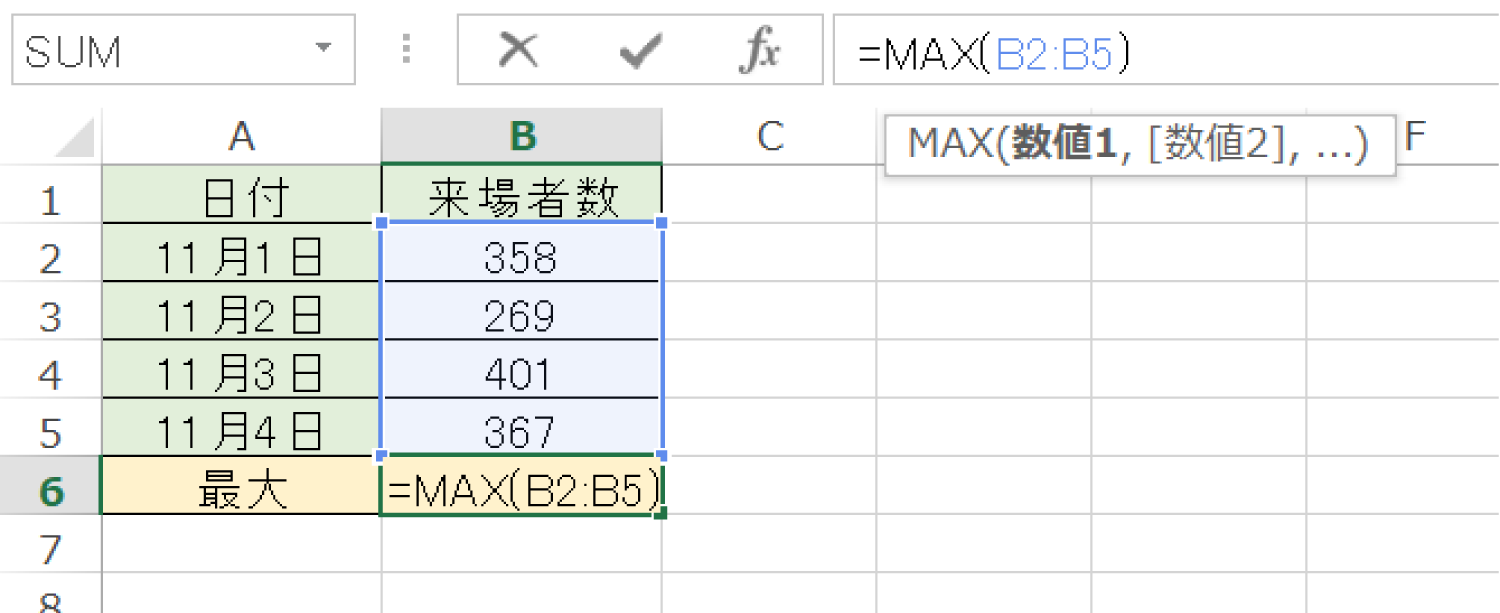 Excelで数値が入力されたセルの最大値を求めるMAX関数の使い方2