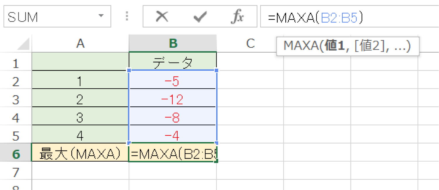 Excelでデータが入力されたセルの最大値を求めるMAXA関数の使い方2