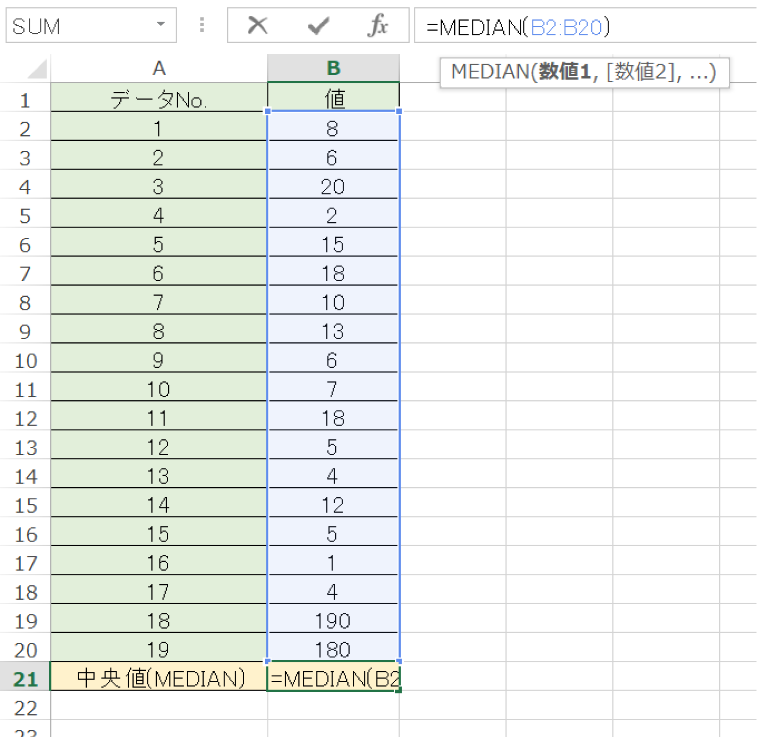 Excelで中央値を求めるMEDIAN関数の使い方4