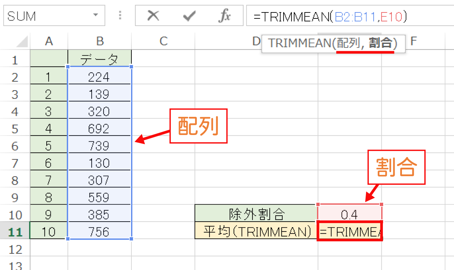 Excelで上限・下限を除外して平均を求めるTRIMMEAN関数の使い方2