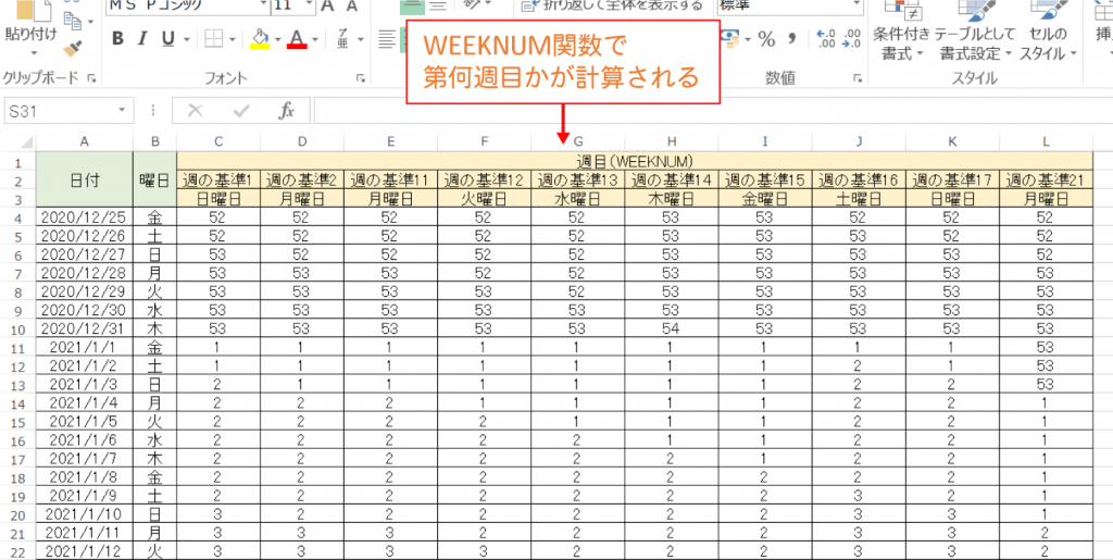 Excelで指定した日が、その年の「第何週目」かを求める｜WEEKNUM関数の使い方