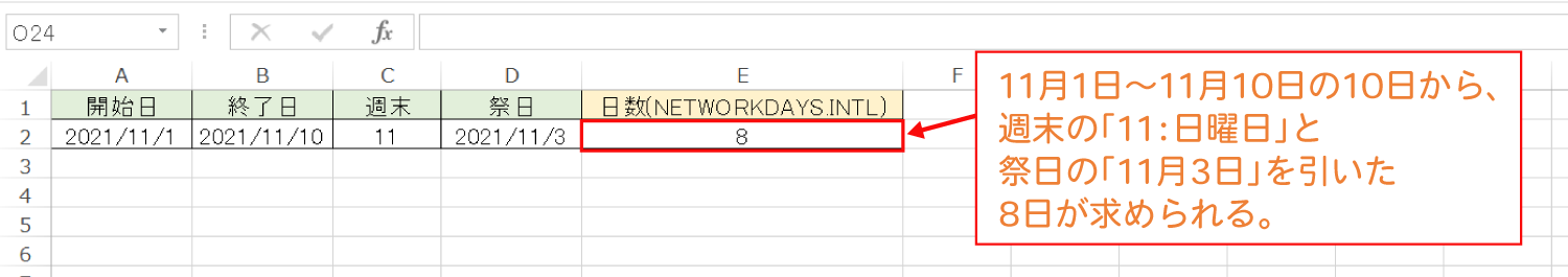 Excelで特定の曜日・祭日を除いて、2つの日付の日数を計算するNETWORKDAYS.INTL関数の使い方3