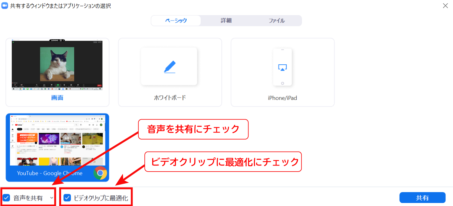 Zoomの画面共有の機能で動画を共有する方法1