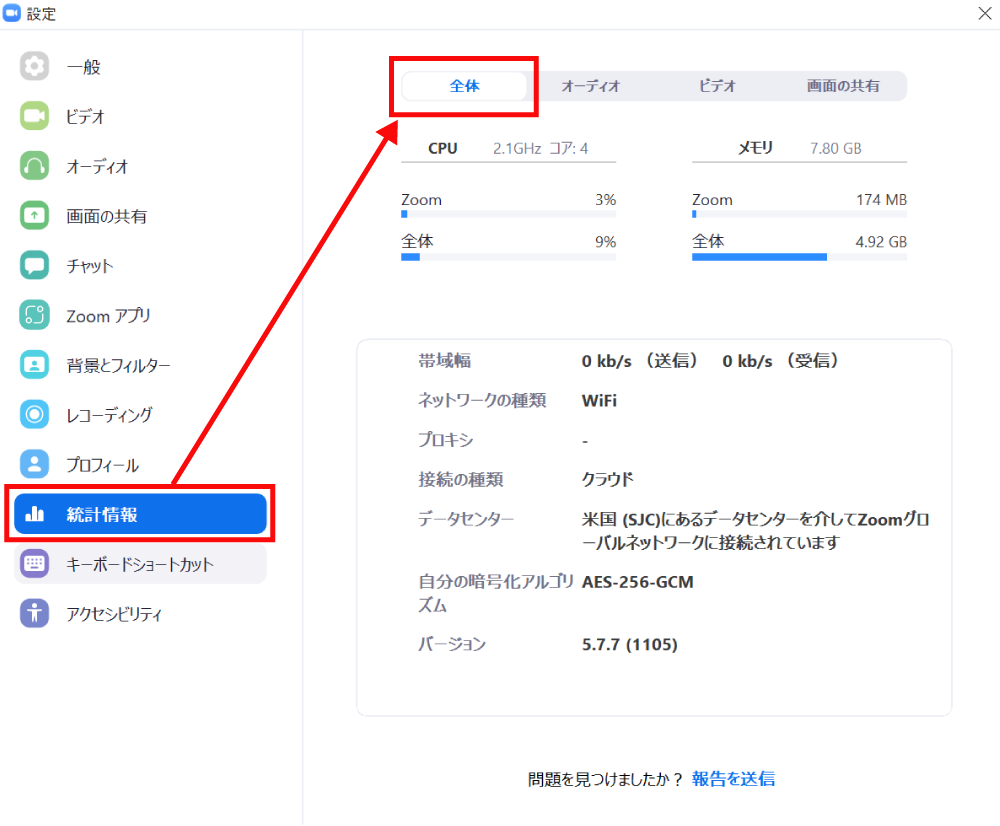 Zoomを使用中のパソコンの負荷を表示する統計情報1