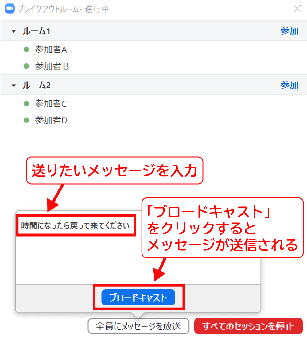 ブレイクアウトルーム中にホストから参加者全員へメッセージを送る方法2